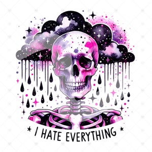 Puede incluir: Una ilustración de acuarela de una calavera rosa y morada con una nube negra encima. La calavera está llorando y la nube está lloviendo. El texto "* ODIO TODO *" está escrito debajo de la calavera.