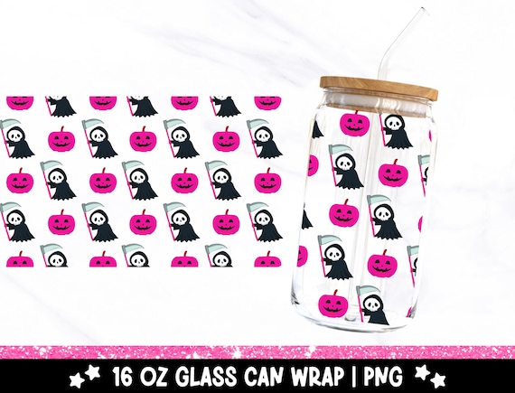 Cute Pinkoween Libbey Glass PNG, Girly Pink Grim Reaper and Pumpkin 16oz Glass Can Tumbler Sublimation Design, Skeleton Libbey Cup Wrap