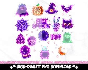 Pacchetto clipart di Halloween al neon: fantasma spettrale, zucca, strega (set PNG scaricabile digitalmente)