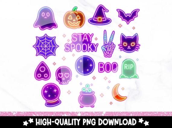 Neon Halloween Clipart Bundle, Glowing Spooky PNG Set, Retro Neon Ghost, Pumpkin, Witch Hat, Bat, Skull, Spider Web, Digital Download
