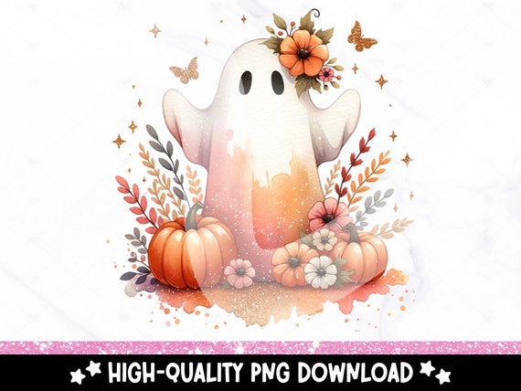 Halloween PNG, Spooky Ghost Sublimation Design, Autumn Fall PNG, Pumpkins Leaves PNG, Watercolor Ghoul Instant Download, Cute Dtf Transfer