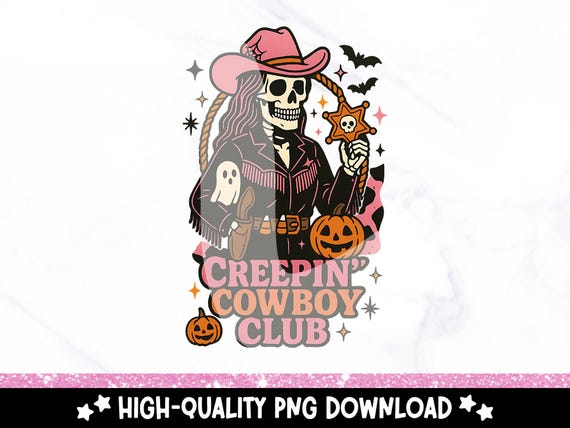 Creepin’ Cowboy Club PNG, Western Halloween Clipart, Pink Cowgirl Skeleton Sublimation Design, Retro  Vintage Spooky Digital Download
