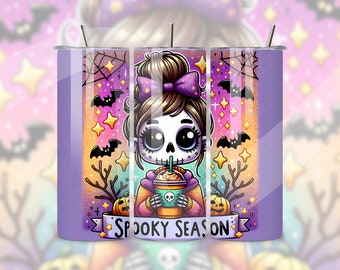 Spooky seizoen beker wrap, schattig skelet png, Halloween 20oz beker sublimatie ontwerp, pastel goth beker png-bestand, koffie clipart