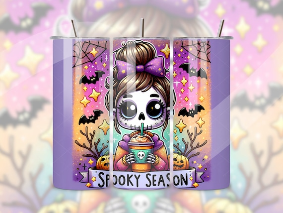 Spooky Season Tumbler Wrap, Cute Skeleton PNG, Halloween 20oz Tumbler Sublimation Design, Pastel Goth Tumbler PNG File, Coffee Clipart