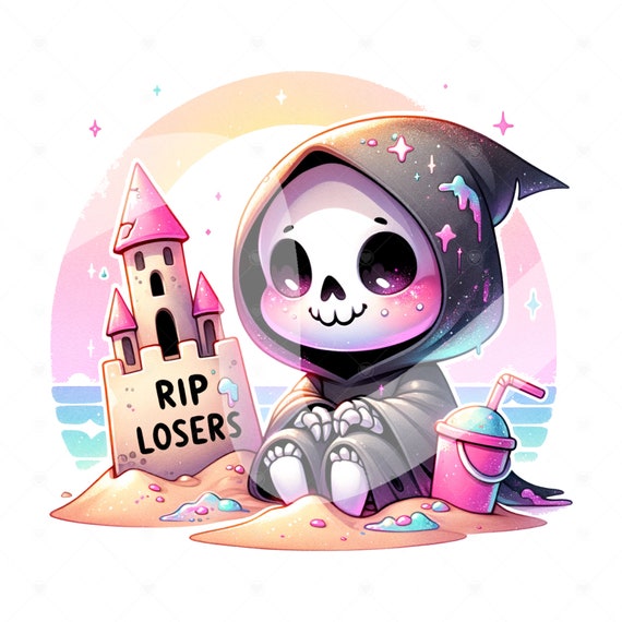 Funny Grim Reaper Summer Clipart, Pastel Goth Sublimation Design, Spooky Beach Shirt Design, Skeleton DTF, Tumbler Wrap, Jar Wrap, RIP Loser