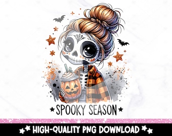 Spooky Girl Season PNG, Skeleton Halloween Clipart, Fall Sublimation Design, Cute Goth DTF Transfer Design, Tumbler Wrap, Sticker, Mug