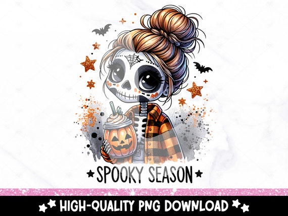Spooky Girl Season PNG, Skeleton Halloween Clipart, Fall Sublimation Design, Cute Goth DTF Transfer Design, Tumbler Wrap, Sticker, Mug