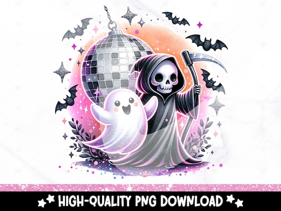 Retro Ghost Clipart, Groovy Grim Reaper Halloween Sublimation Design, Funny Disco Skeleton UV DTF File, Trendy Shirt, Tumbler Wrap, Mug