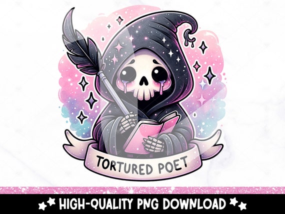 Tortured Poet PNG, Grim Reaper Poet Clipart, Spooky Sublimation Design, DTF Transfer File, Tortured Poet Tshirt Design, Tumbler Wrap, Mug