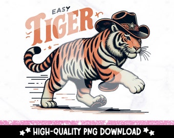 Tigre fácil PNG: Clipart divertido de vaquero, diseño retro del oeste (descarga digital)