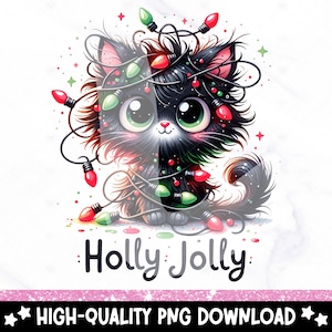 May include: A black cat with green eyes is tangled in Christmas lights. The cat is looking at the viewer. The text "Holly Jolly" is written below the cat.