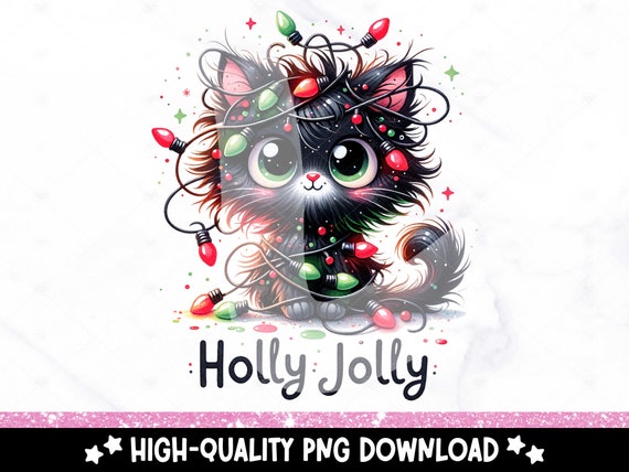 Holly Jolly PNG, Cat Christmas Lights PNG, Funny Holiday Digital Download, Black Cat Sublimation Design, Cute Christmas Shirt DTF Transfer