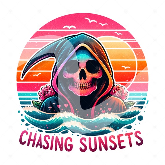 Chasing Sunsets Grim Reaper PNG, Funny Summer Skeleton Clipart, Retro Sunset Sublimation Design, Summer Vacation DTF File, Retro Shirt