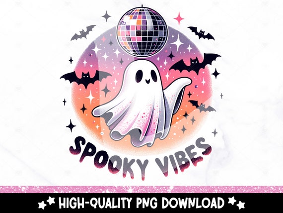Spooky Vibes PNG, Retro Ghost Clipart, Groovy Halloween Sublimation Design, Funny Disco Ghost UV DTF File, Trendy Shirt, Tumbler Wrap, Mug
