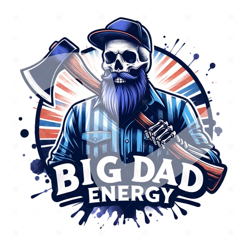 Puede incluir: Ilustraci&oacute;n de una calavera con barba y gorra azules, sosteniendo un hacha. La calavera lleva una camisa a rayas azules y blancas. Las palabras "BIG DAD ENERGY" est&aacute;n escritas en blanco y azul.