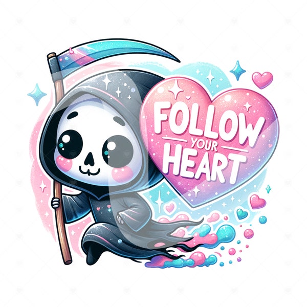 Follow Your Heart PNG, Cute Grim Reaper Clipart, Valentines Day Sublimation Design, Love DTF Transfer File, Skeleton Tshirt, Sticker, Mug