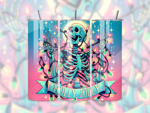Holly Jolly Tumbler Wrap, Skeleton PNG, Tangled Christmas Lights, Pastel Goth 20oz Tumbler Sublimation Design, Spooky Christmas Tumbler PNG
