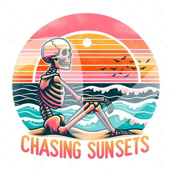 Chasing Sunsets Skeleton PNG, Retro Summer Skeleton Clipart, Beach Sunset Sublimation Design, Summer Vacation DTF File, Retro Shirt