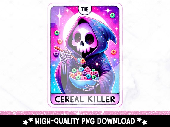 Cereal Killer Funny Tarot Card PNG, Sarcastic Skeleton Sublimation Design, Grime Reaper True Crime Lover Trendy TShirt, DTF File Download