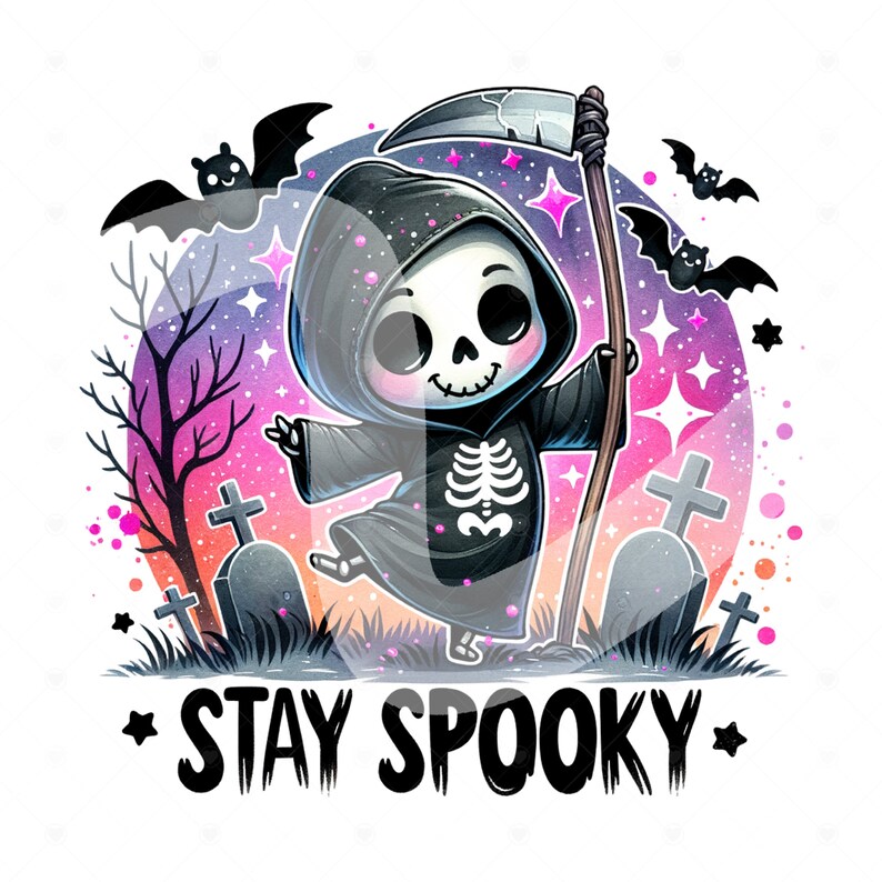 May include: A cartoon illustration featuring a cute Grim Reaper character in a black hooded robe, holding a scythe. The image includes bats, tombstones, and the text "STAY SPOOKY" in a Halloween theme.