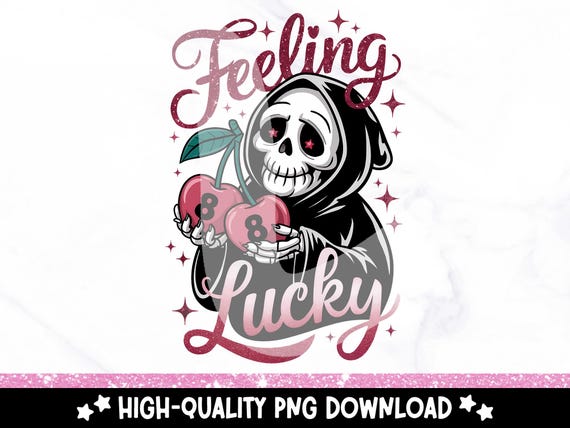 Feeling Lucky Skeleton PNG, Retro Spooky Cherry Clipart, Grim Reaper Sublimation Design, Lucky Cherries PNG, Valentines DTF Transfer File