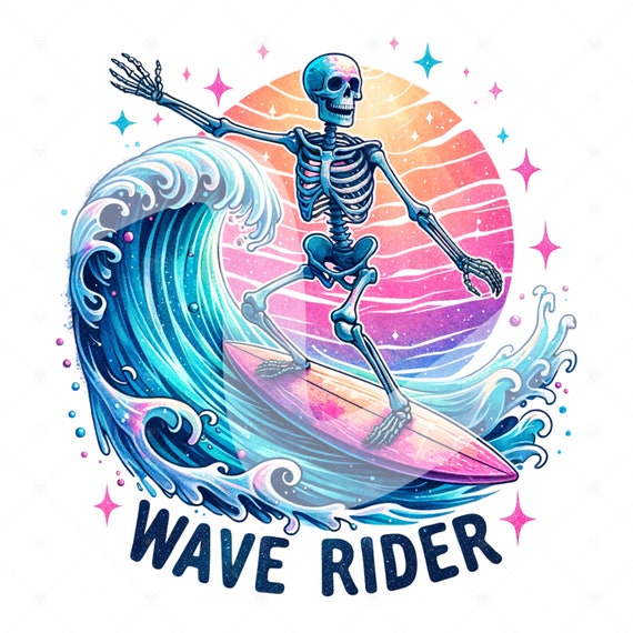 Wave Rider Surfing PNG, Funny Summer Skeleton Clipart, Snarky Skeleton Sublimation Design, Summer Vacation DTF File, Salty Beach Shirt, Wrap