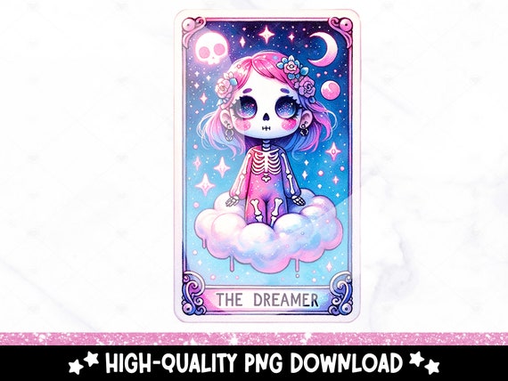 The Dreamer Funny Tarot Card PNG, Cute Skeleton Sublimation Design, Witchy Trendy Celestial Skeleton DTF File, Skull TShirt, Mug, Download