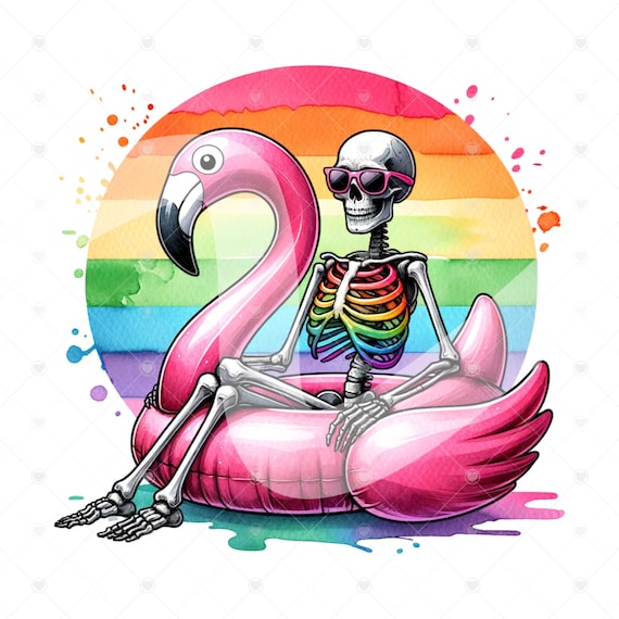 Snarky Summer Skeleton PNG, Rainbow Skeleton Png, Skeleton Clipart, Flamingo Art, Skeleton Art, Instant Download, Tshirt Sublimation Design