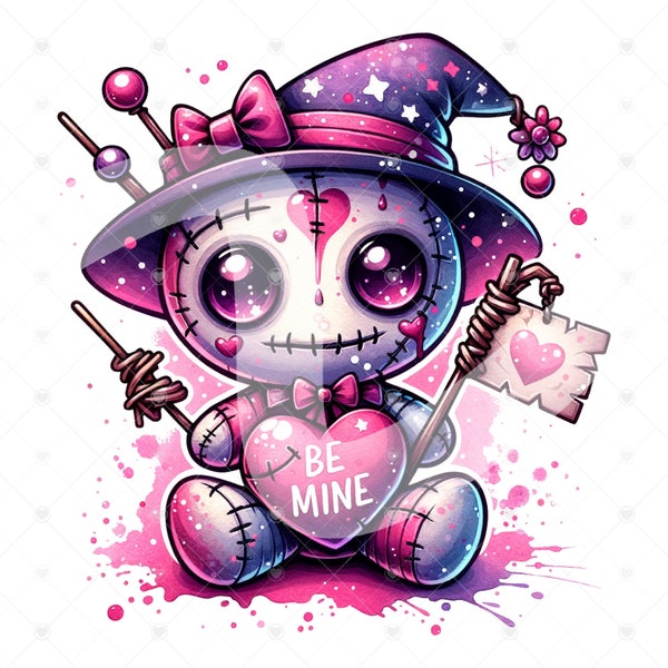 Spooky Valentines Day Card PNG, Voodoo Dolls Clipart, Valentines Card Creepy, Pastel Goth Watercolor Clipart, Valentines Day Sublimation