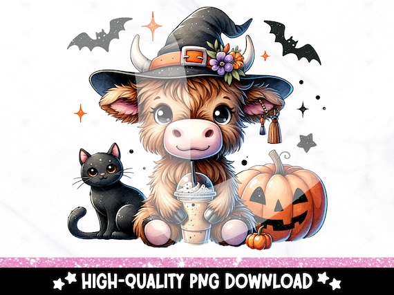 Halloween Highland Cow PNG, Retro Halloween Sublimation Design, Ghost Cows DTF Transfer, Funny Fall Cow Png, Spooky Season, Cow Halloween