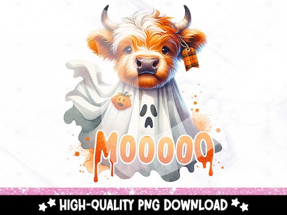 Funny Ghost Cow PNG, Cute Fall Highland Cow Sublimation Design, Halloween DTF Transfer, Autumn Cow Tshirt Clipart, Tumbler Wrap, Mug