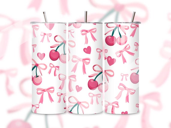 Coquette Ribbon Cherry Pink Tumbler Wrap PNG, Seamless Bow Sublimation Design, 20oz Skinny Tumbler, Aesthetic Cup Wrap, Girly Trendy Style