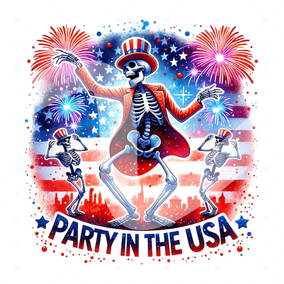 Party in the USA PNG, Patriotic Skeleton Clipart, Dancing Skeleton Sublimation Design, 4th of July DTF File, Trendy T-Shirt, Mug, Stickers