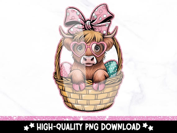 Coquette Easter Highland Cow PNG, Cute Glitter Easter Clipart, Happy Easter Cow Sublimation Design, Kids Easter T-Shirt DTF Transfer PNG