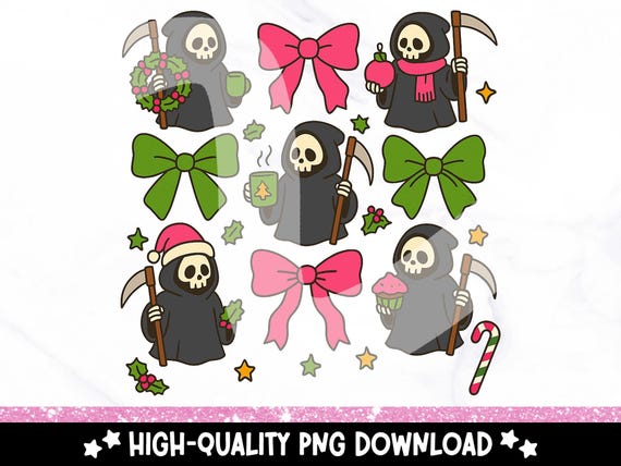 Spooky Coquette Christmas PNG, Cute Holiday Grim Reaper Clipart, Preppy Skeleton Sublimation Download, Retro Girly Design, Creepy Xmas PNG