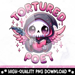 May include: A cartoon image of a pink and black Grim Reaper holding a book and a quill. The Grim Reaper has a pink halo and wings. The text "Tortured Poet" is written in pink and black letters around the Grim Reaper.