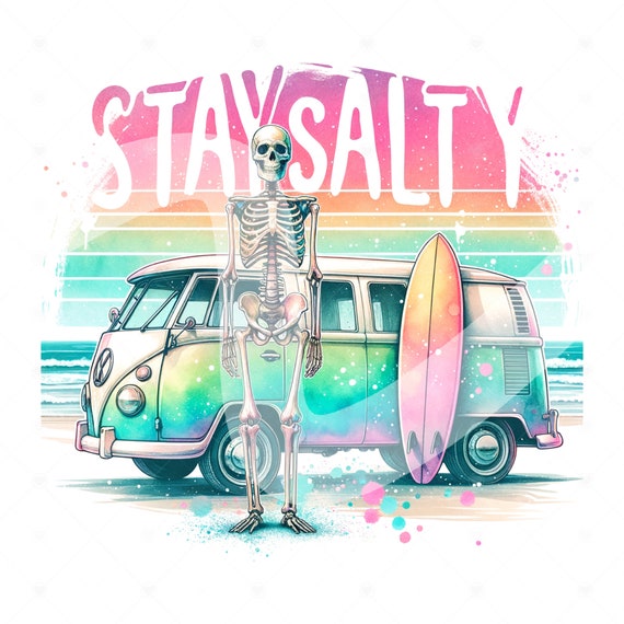 Stay Salty Retro PNG, Funny Summer Skeleton Clipart, Snarky Skeleton Sublimation Design, Summer Vacation DTF File, Salty Beach Shirt, Wrap