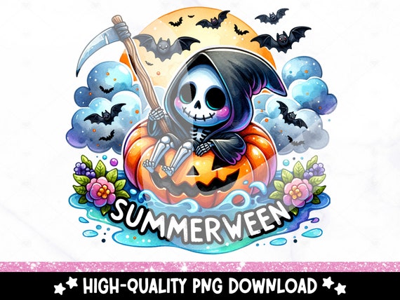 Cute Summerween Clipart, Spooky Summer Halloween Sublimation Design, Snarky Skeleton DTF Shirt Design Download, Grim Reaper Tumbler Wrap