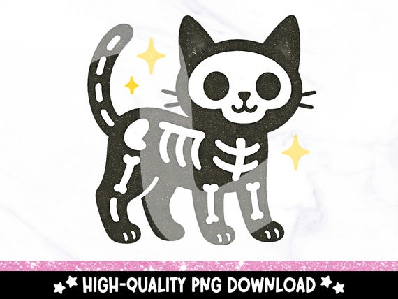 Cute Skeleton Cat PNG, Spooky Halloween Cat Clipart, Popular Black Cat Sublimation Design, Trendy Skeleton Kitten Sticker PNG File
