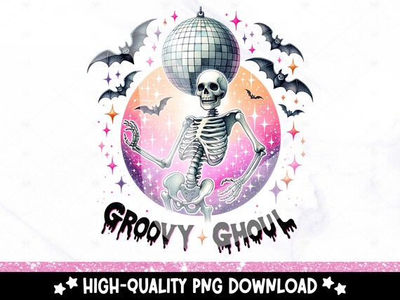Groovy Ghoul PNG, Retro Skeleton Clipart, Funny Halloween Sublimation Design, Disco Skeleton Uv DTF File, Trendy Shirt Design, Tumbler, Mug