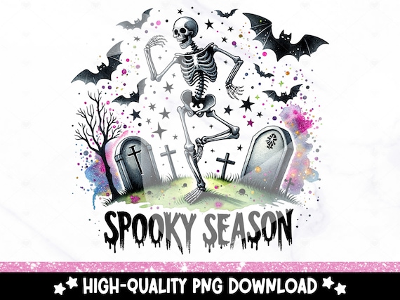 Spooky Season PNG, Cute Halloween Clipart, Spooky Skeleton Sublimation Design, Dancing Skeleton Graveyard DTF Transfer Design, Tumbler Wrap
