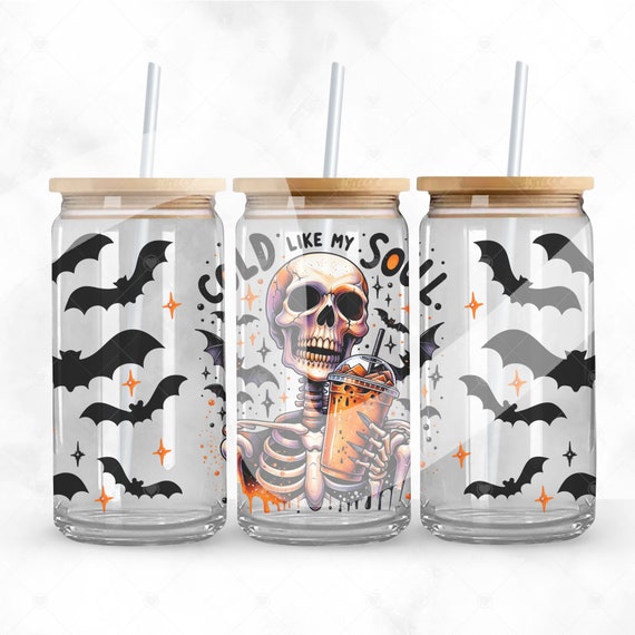 Cold Like My Soul Libbey Glass PNG, Funny Coffee Quotes 16oz Glass Can Tumbler Sublimation Design, Skeleton Halloween PNG, Coffee Libbey Cup