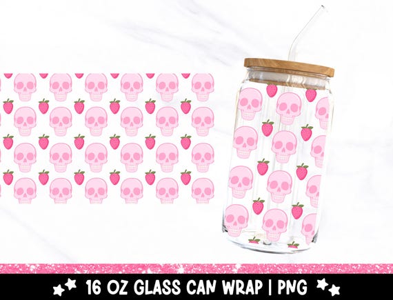 Strawberry Skulls 16oz Glass Can Wrap, Spooky Cute Skeleton Strawberries UV DTF Sublimation Design, Preppy Glass Jar Tumbler Libbey Wrap