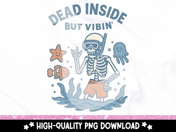 Dead Inside but Vibin Skeleton PNG, Funny Summerween Beach Clipart, Retro Snorkeling Skeleton Sublimation, Spooky Summer DTF Design