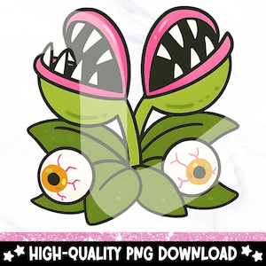 May include: A cartoon illustration of a Venus flytrap with two open mouths, each lined with white teeth and pink edges. The plant has green leaves and two eyeballs with orange irises. The text "HIGH-QUALITY PNG DOWNLOAD" is at the bottom.