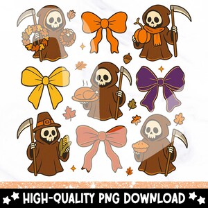 May include: A collection of cartoon illustrations featuring the Grim Reaper in various Thanksgiving and autumn-themed poses. The images include the Grim Reaper with a scythe, bows, and fall harvest items. The text "HIGH-QUALITY PNG DOWNLOAD" is at the bottom.