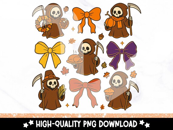 Spooky Coquette Thanksgiving PNG, Cute Fall Grim Reaper Clipart, Preppy Skeleton Sublimation Download, Retro Girly Design, Creepy Autumn PNG