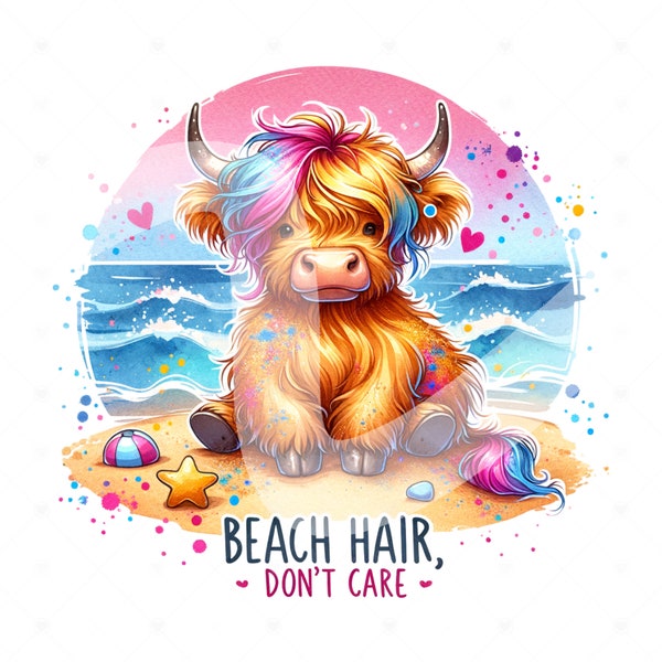 Beach Hair Don't Care PNG, Funny Highland Cow Clipart, Heifer Cow Sublimation Design, Summer Vacation DTF File, Trendy Shirt Design, Wrap