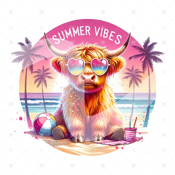 Summer Vibes Highland Cow PNG, Funny Heifer Cow Clipart, Cute Highland Cow Sublimation Design, Summer Beach Vacation DTF File, Shirt File