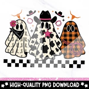 May include: A digital graphic featuring three cartoon ghosts with a Western theme. One ghost is patterned with cowboy boots, another with cow spots, and the third with orange and black plaid. The image includes cowboy hats, a sheriff's star, and a lasso.